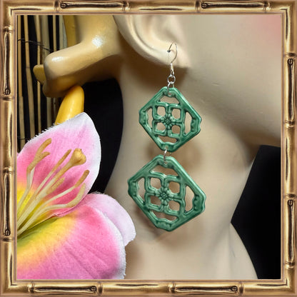 Double Jade Breezeway Tile Earrings, Glazed Tile Look Resin