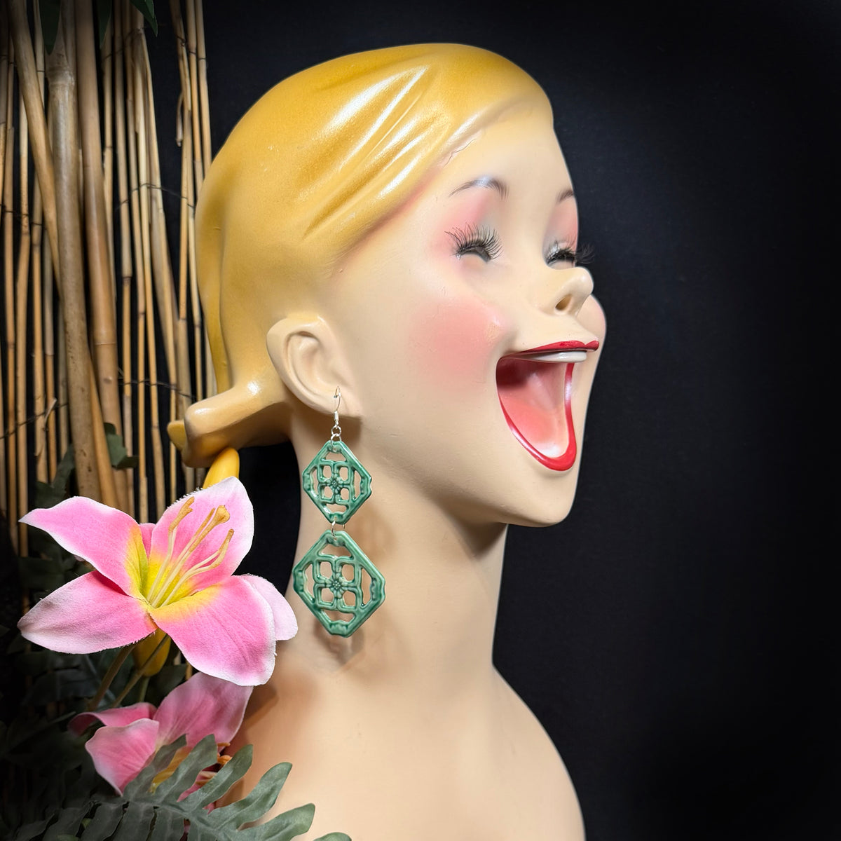 Double Jade Breezeway Tile Earrings, Glazed Tile Look Resin