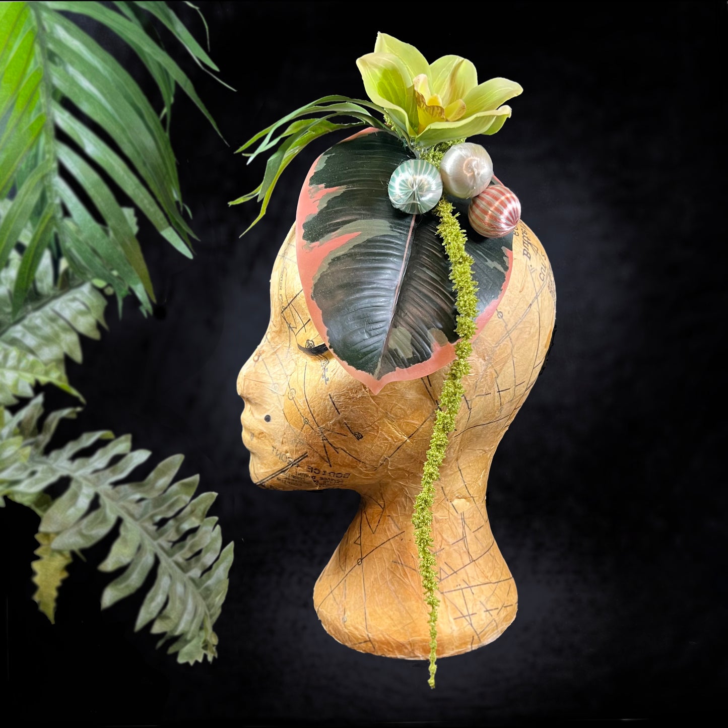 BAUBLES ON PHILODENDRON -TIKI CHRISTMAS FASCINATOR