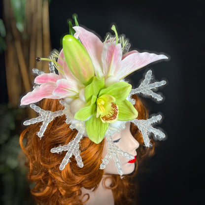 LILY & ORCHID SNOWFLAKE -TIKI CHRISTMAS FASCINATOR